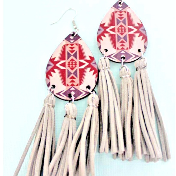 Tribal Aztec Wood Teardrop Tassel Fringe Earrings - Picture 2 of 3